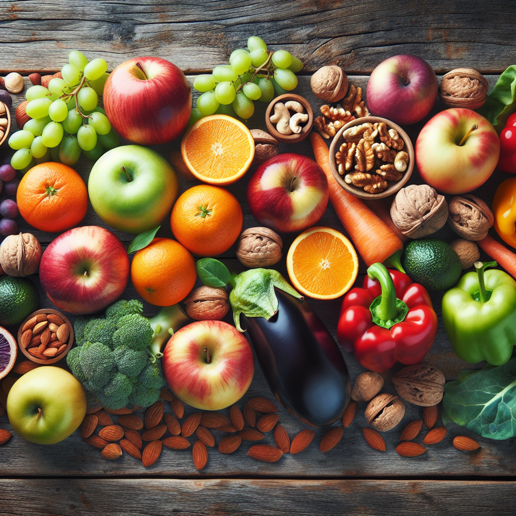 A vibrant selection of fresh fruits, vegetables, and nuts arranged on a rustic wooden table, symbolizing healthy eating for clear skin.