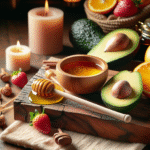 A serene image of natural skincare ingredients like honey, avocado, and fresh fruits arranged in a calm spa-like setting.