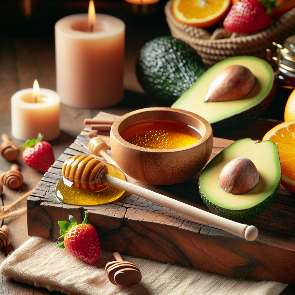 A serene image of natural skincare ingredients like honey, avocado, and fresh fruits arranged in a calm spa-like setting.