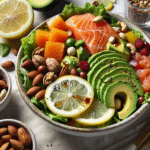 Nærbilde av et sunt måltid for klar hud: fersk salat med laks, avokado, nøtter og sitron i naturlig dagslys, frisk og innbydende stil